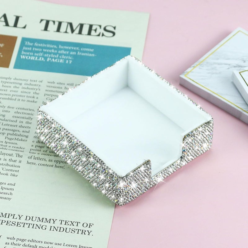 Buqoo Rhinestone Note Holder, Post It Note Dispenser Desk Organizer 4 x 4 Inches, Bling Postit Note Dispenser Post It Note Holder for Home Desk Office Supplies (Silver) - Image 1